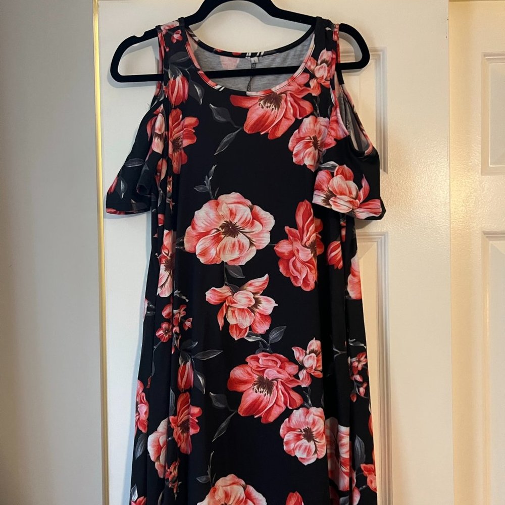 Black Floral Open Shoulder Dress